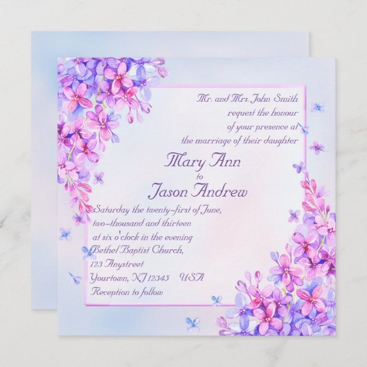 Wasserfarbe Lila Lilac Blume Einladungs-Karte Einladung (Vorne/Hinten)