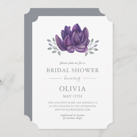 Wasserfarbe lila sukkulent. Brautparty Einladung (Vorne/Hinten)