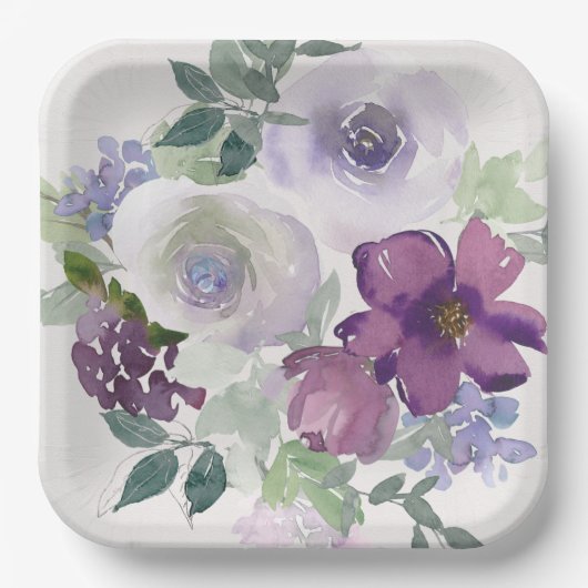 Wasserfarbe Lila und Lavendel-Blume Pappteller (Vorderseite)