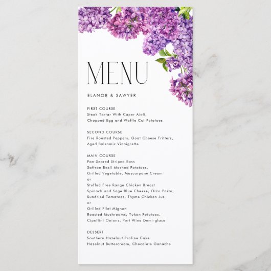Wasserfarbe Lilac Blume Botanische Hochzeit Menükarte (Vorderseite)