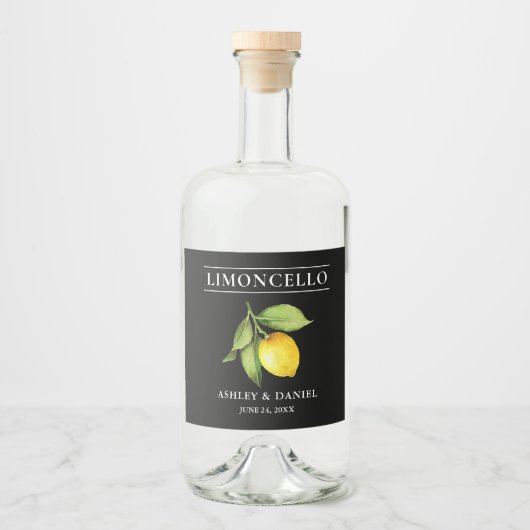Wasserfarbe Limoncello Schwarze Flasche Alkoholflaschenetikett (Vorderseite)