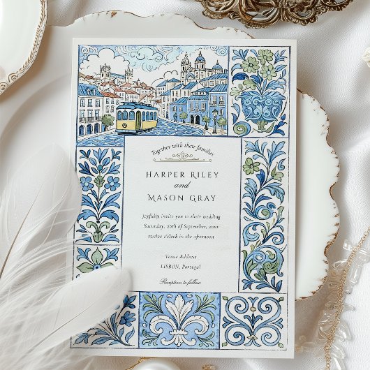Wasserfarbe Lissabon Handgemalte Azulejos Wedding Einladung