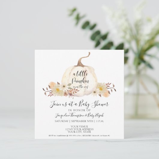 Wasserfarbe Little Pumpkin Blumenleaf Kinderdusche Einladung (Stehend Vorderseite)