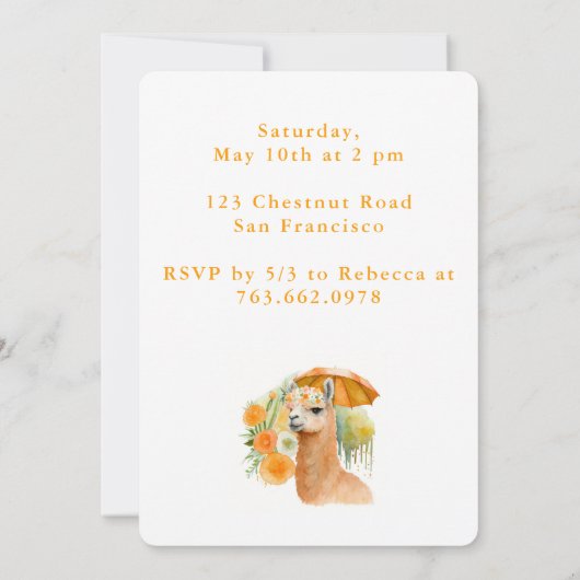 Wasserfarbe Llama Alpaca - Einladungskarte zum Geb Einladung (Rückseite)