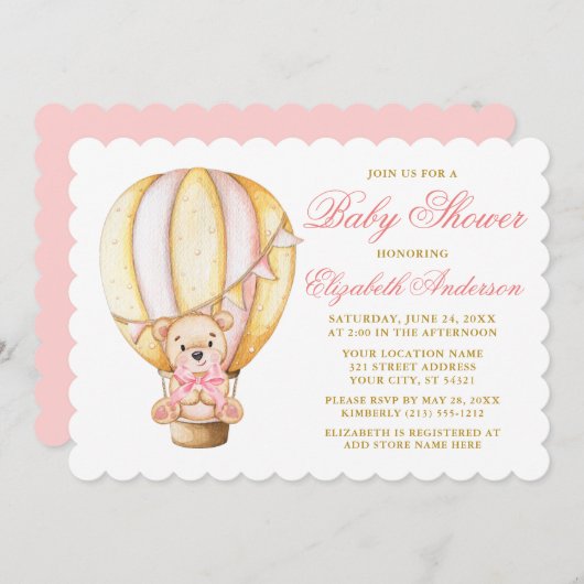 Wasserfarbe Luftballon Teddy Bear Pink Baby Dusche Einladung (Vorne/Hinten)