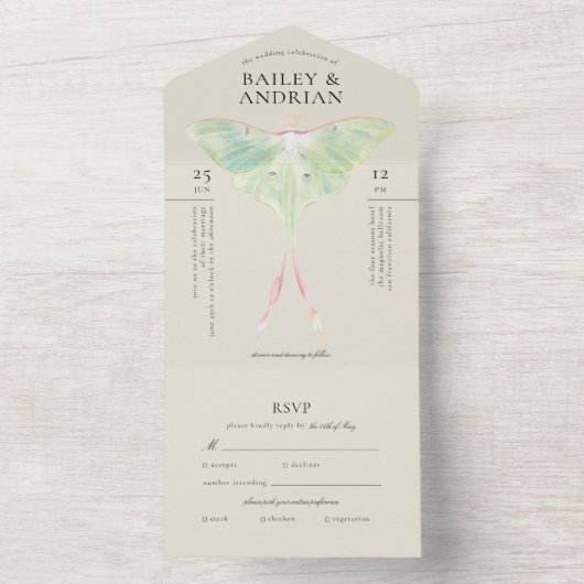 Wasserfarbe Luna Moth Wedding All In One Einladung (Innen)