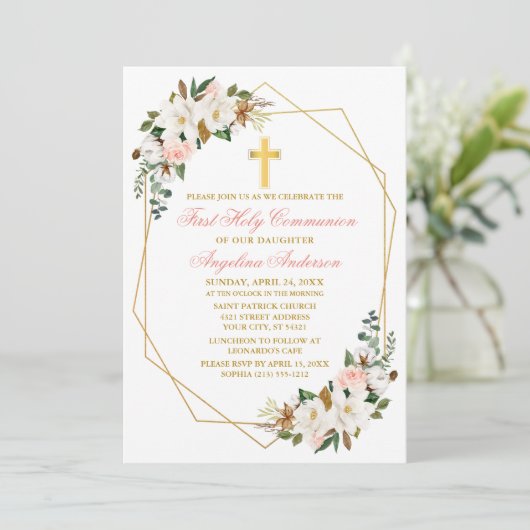 Wasserfarbe Magnolia Rose Georahmenkommunion Einladung (Stehend Vorderseite)