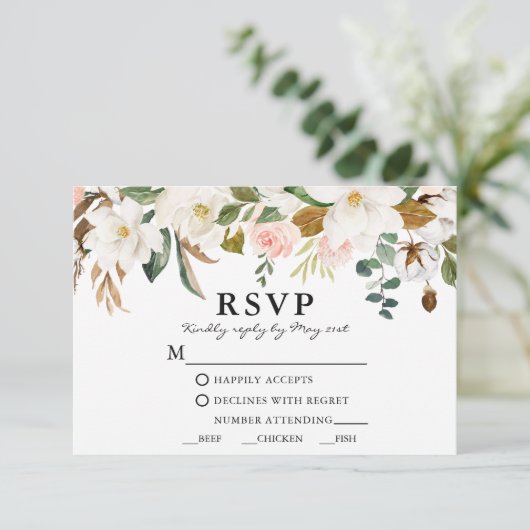 Wasserfarbe Magnolias Rosen Hochzeit RSVP Karte (Stehend Vorderseite)