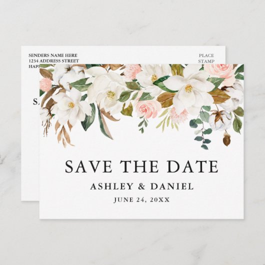 Wasserfarbe Magnolien Rosen Save the Date Postkarte (Vorne/Hinten)