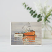Wasserfarbe Maine Fischerboot Orange Grau Postkarte (Stehend Vorderseite)