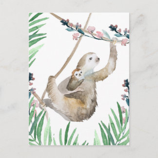Wasserfarbe Mama und Baby Sloth Postkarte