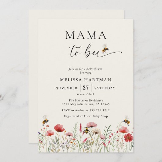 Wasserfarbe Mama zu Bienen Wildblume Babydusche Einladung (Vorne/Hinten)