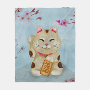 Wasserfarbe Maneki-neko Katze unter blühender Sak Fleecedecke