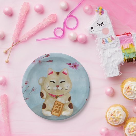 Wasserfarbe Maneki-neko Katze unter blühender Saku Pappteller (Party)