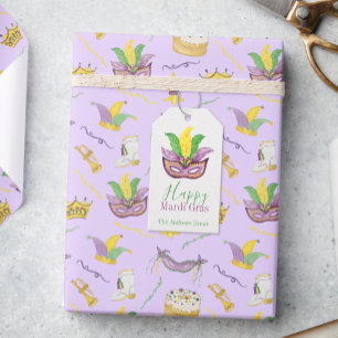 Wasserfarbe Mardi Gras Masken King Cake Crown Geschenkanhänger