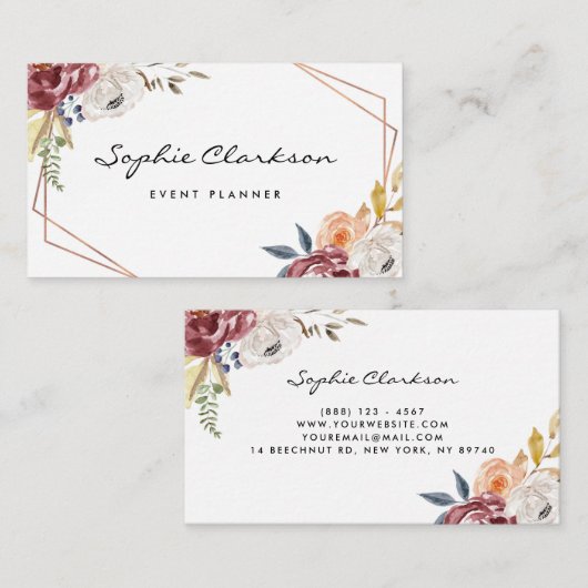 Wasserfarbe Marsala Herbst Blume Geometrie II Visitenkarte (Vorne/Hinten)