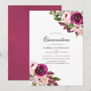 Wasserfarbe Marsala und Blush Floral Quinceñera Einladung
