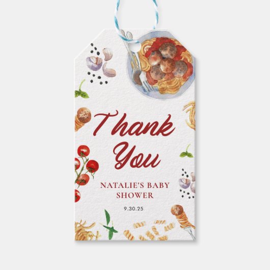 Wasserfarbe Meatball Italienische Babydusche bevor Geschenkanhänger (Vorderseite)