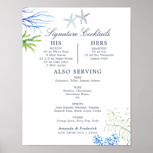 Wasserfarbe Meeresalgen Strand Hochzeitscocktails Poster