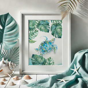 Wasserfarbe Meeresschildkröte und Monstera Blätter Poster
