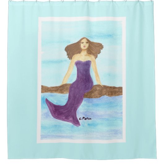 Wasserfarbe Meerjungfrau sitzend auf Felsen im Oze Duschvorhang (Vorderseite)