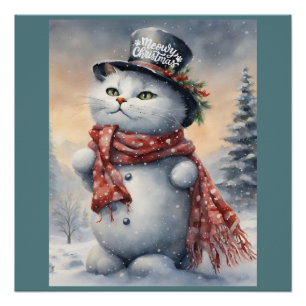 Wasserfarbe Meowy Weihnachten Niedlich Cat Snowman Poster