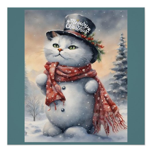 Wasserfarbe Meowy Weihnachten Niedlich Cat Snowman Poster (Vorderseite)