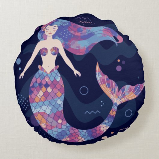 Wasserfarbe Mermaid Rundes Kissen (Rückseite)