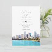 Wasserfarbe Miami Florida Skyline Hochzeit Einladung (Stehend Vorderseite)