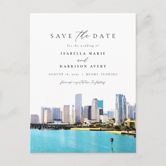 Wasserfarbe Miami Florida Skyline Save the Date Postkarte (Vorderseite)