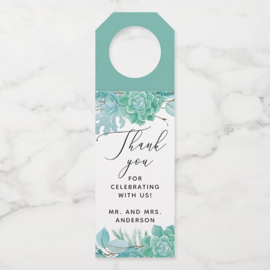Wasserfarbe Minze Succulents Hochzeit danke Flaschenanhänger (Vorderseite)