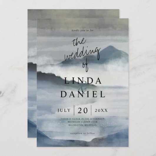 Wasserfarbe Misty Berge Indigo Einladung (Vorne/Hinten)