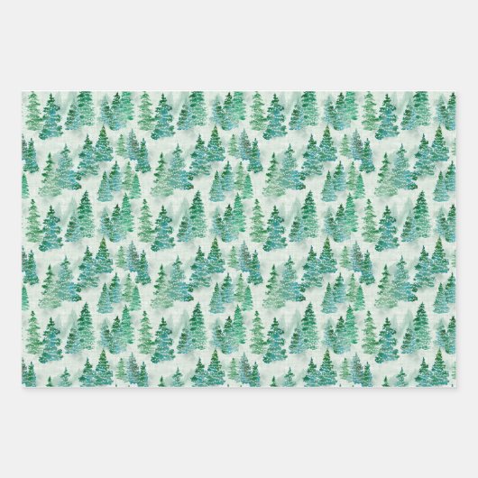 Wasserfarbe Misty Pine Weihnachtsbaumwald Geschenkpapier Set (Vorderseite)