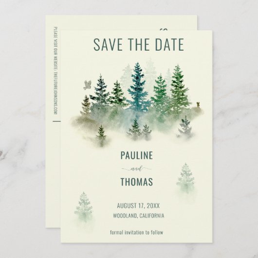 Wasserfarbe Misty Woodland Rustikale Hochzeit Save The Date (Vorne/Hinten)