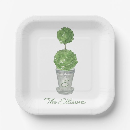 Wasserfarbe Mit Monogramm Topiary Napkins Pappteller (Vorderseite)