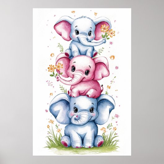 Wasserfarbe modern 3 Elefant mit Blume3 Poster (Vorne)