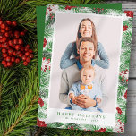 Wasserfarbe Moderne Weihnachtsfolien Botanicals Feiertagskarte<br><div class="desc">Design besteht aus Aquarellblättern Botanicals. Fügen Sie ein benutzerdefiniertes Foto und Familienname und Jahr hinzu.</div>