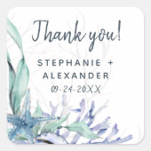 Wasserfarbe Moderner Strand Hochzeit Vielen Dank Quadratischer Aufkleber (Vorderseite)