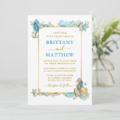 Wasserfarbe Muscheln Korallenküste Hochzeit Blau Einladung (Stehend Vorderseite)
