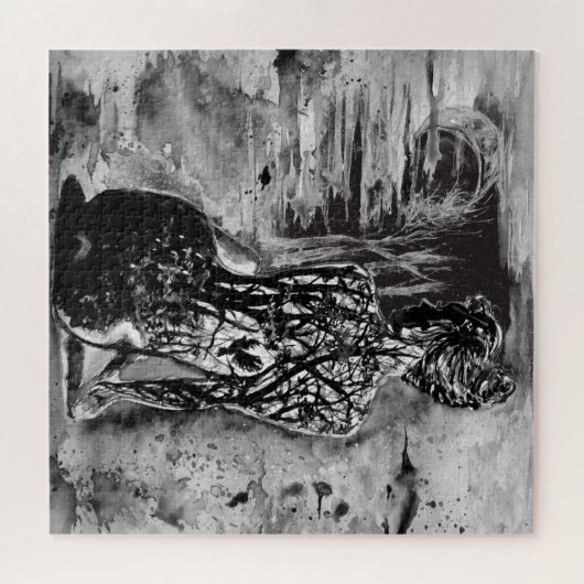 Wasserfarbe - Naturdame - Schwarz-Weiß-Malerei Puzzle (Horizontal)