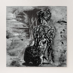 Wasserfarbe - Naturdame - Schwarz-Weiß-Malerei Puzzle