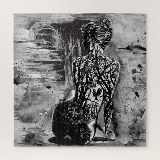 Wasserfarbe - Naturdame - Schwarz-Weiß-Malerei Puzzle (Vertikal)