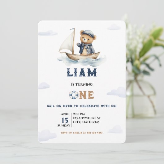 Wasserfarbe Nautic Boy Teddy Bären Sailor Geburtst Einladung (Stehend Vorderseite)