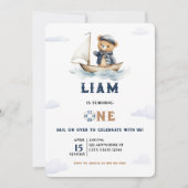 Wasserfarbe Nautic Boy Teddy Bären Sailor Geburtst Einladung (Vorderseite)