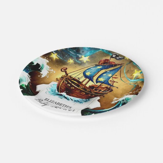 Wasserfarbe Nautical Pirate Baby Dusche Pappteller (Schrägansicht)