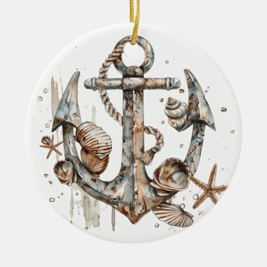 WASSERFARBE NAUTISCHER ANCHOR MIT SAASHELLEN KERAMIK ORNAMENT (Vorne)