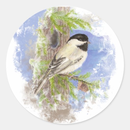 Wasserfarbe Niedlich Chickadee Bird Arte e Cultura Runder Aufkleber (Vorderseite)