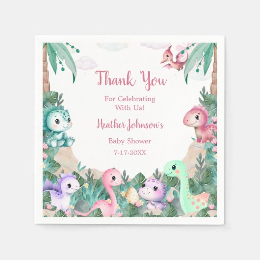 Wasserfarbe Niedlich Dinosaur Girl Babydusche Serviette (Vorderseite)