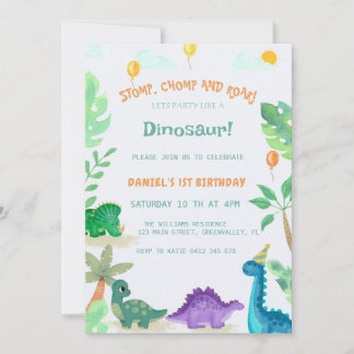 Wasserfarbe Niedlich Dinosaurier 1. Geburtstag Ein Einladung