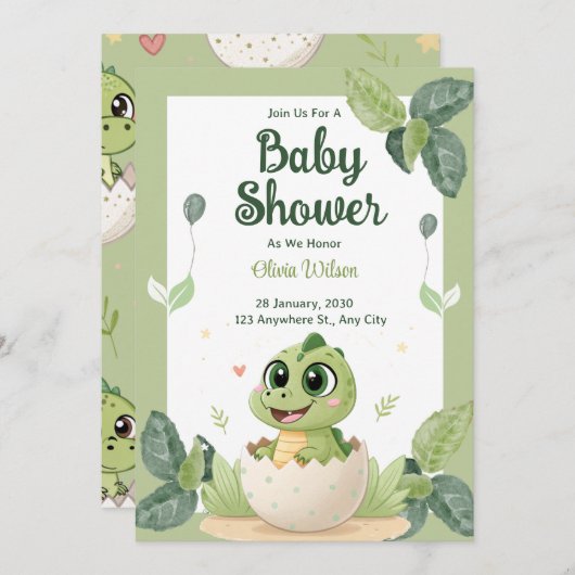 Wasserfarbe Niedlich Dinosaurier Grüne Boy Babydus Einladung (Vorne/Hinten)